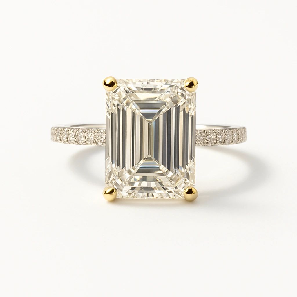 Emerald Lab Diamond Engagement Ring 4 Ct Center 14k Gold